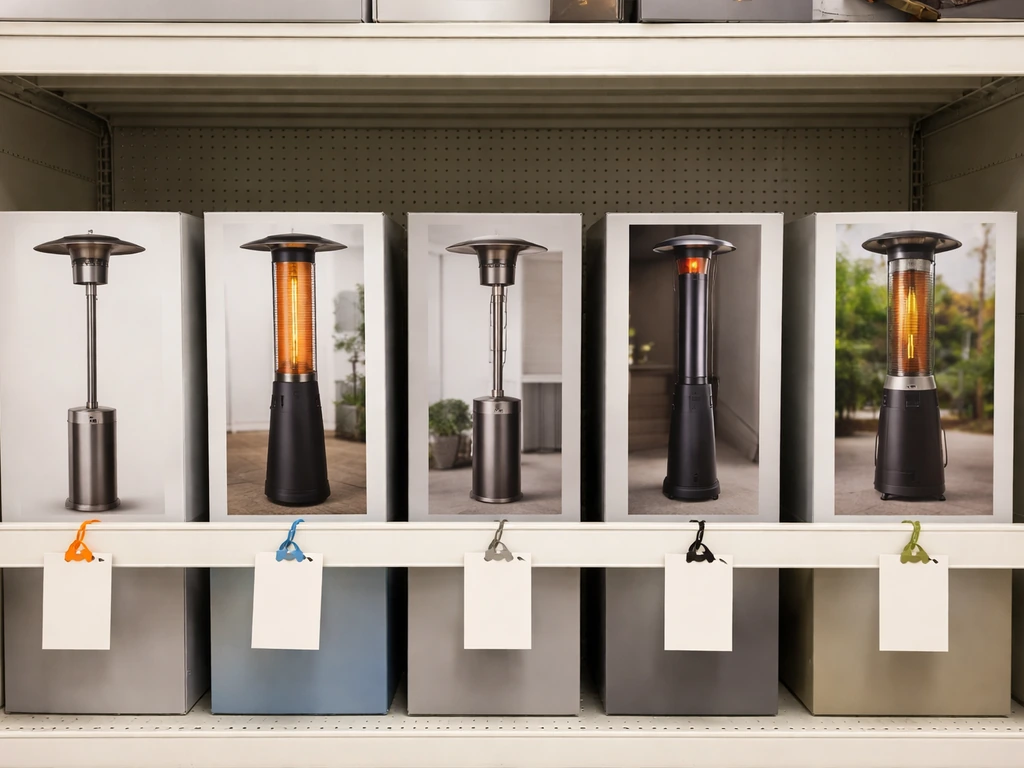 Home improvement store shelf showing patio heater boxes with blank price tags grouped by type.