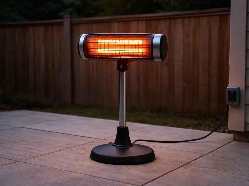 Electric infrared patio heater outdoors with visible control knob and power cord plugged in