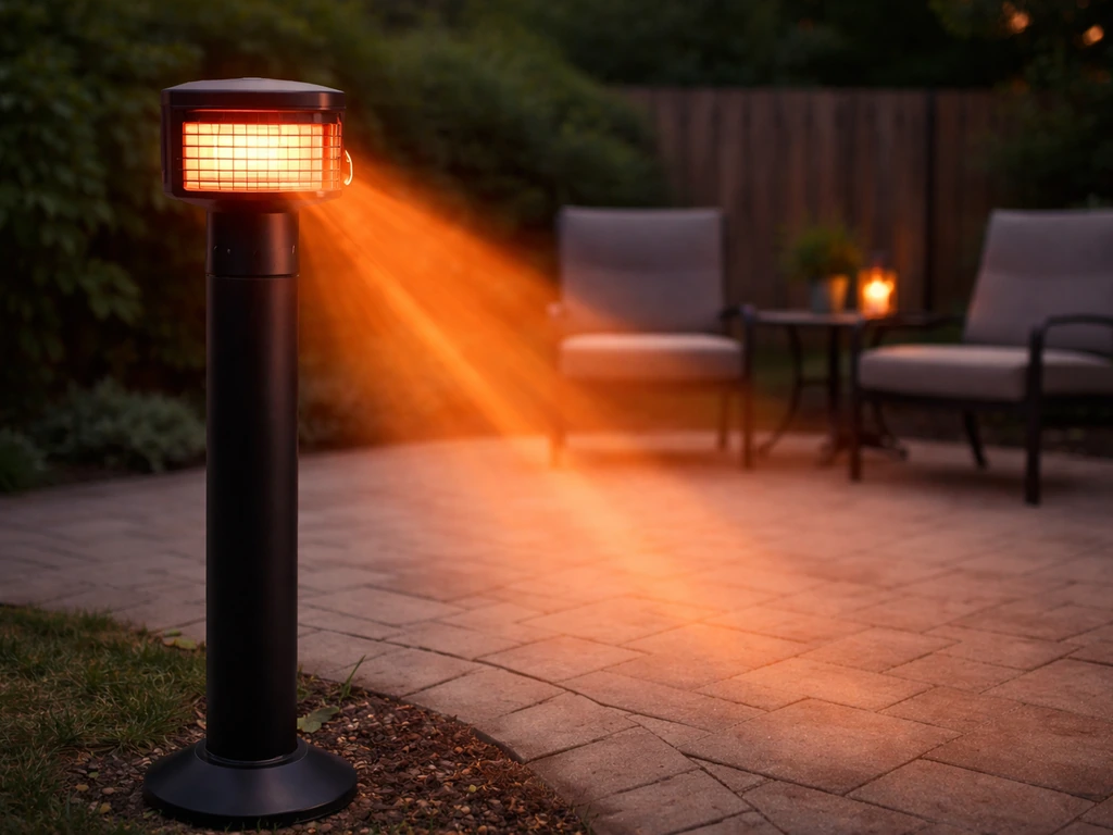 Infrared patio heater on a small backyard patio with a visible glowing heat beam directed toward the seating area.