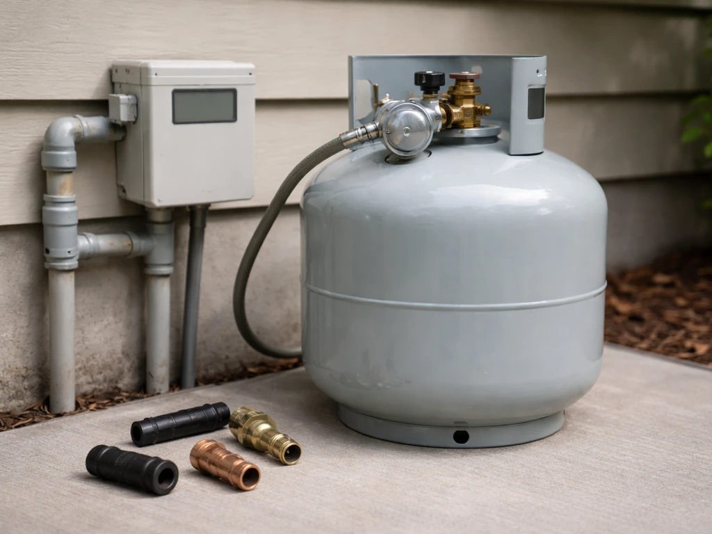 Close-up of a propane tank valve with a small outlet meter and gas-pipe fittings for running-cost comparison