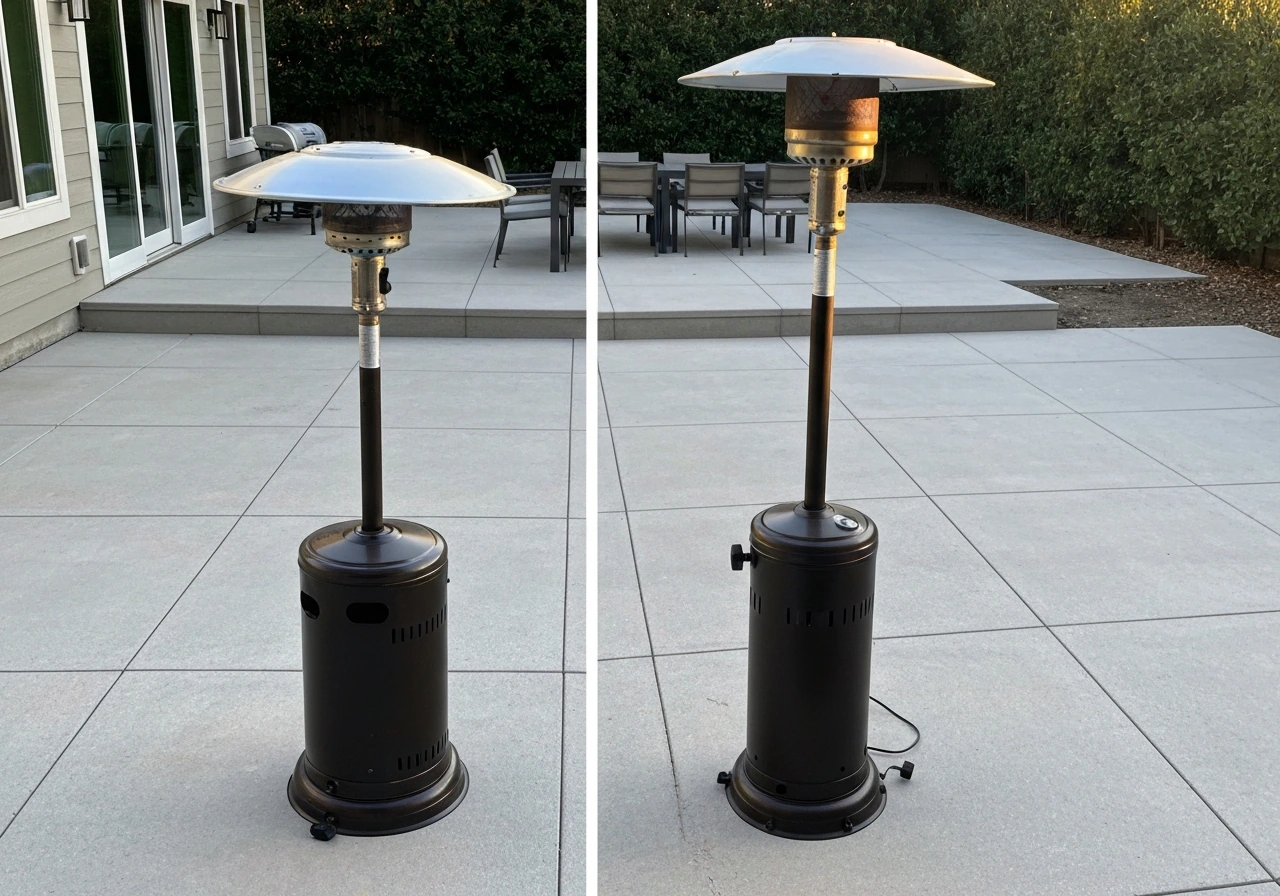 Side-by-side patio heaters: a small tabletop mushroom heater and a taller freestanding infrared unit on a patio.