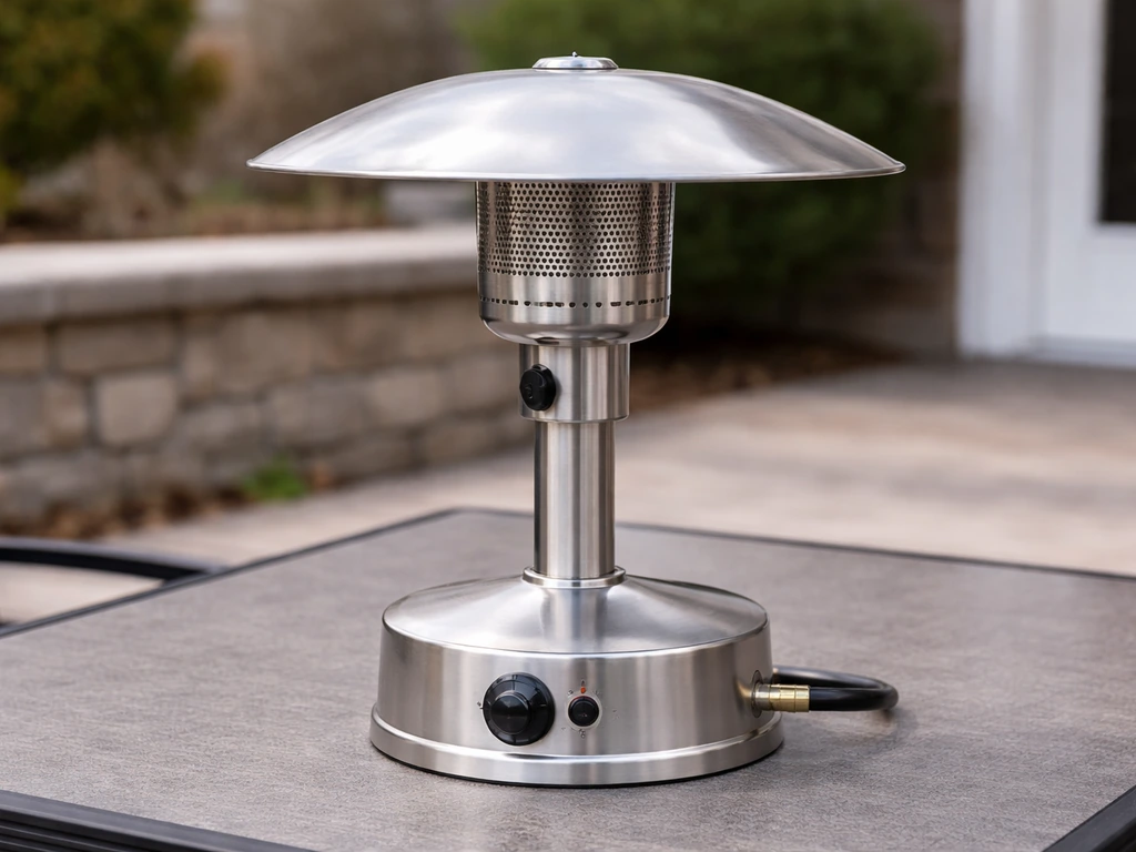 Stainless steel mushroom tabletop propane heater on an outdoor patio table with its connection area visible.