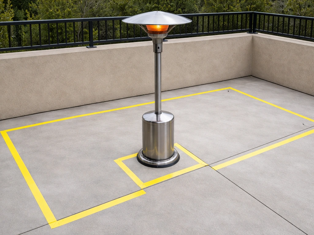 Patio heater placed at correct distance from wall/rail with tape clearance markers on the ground.