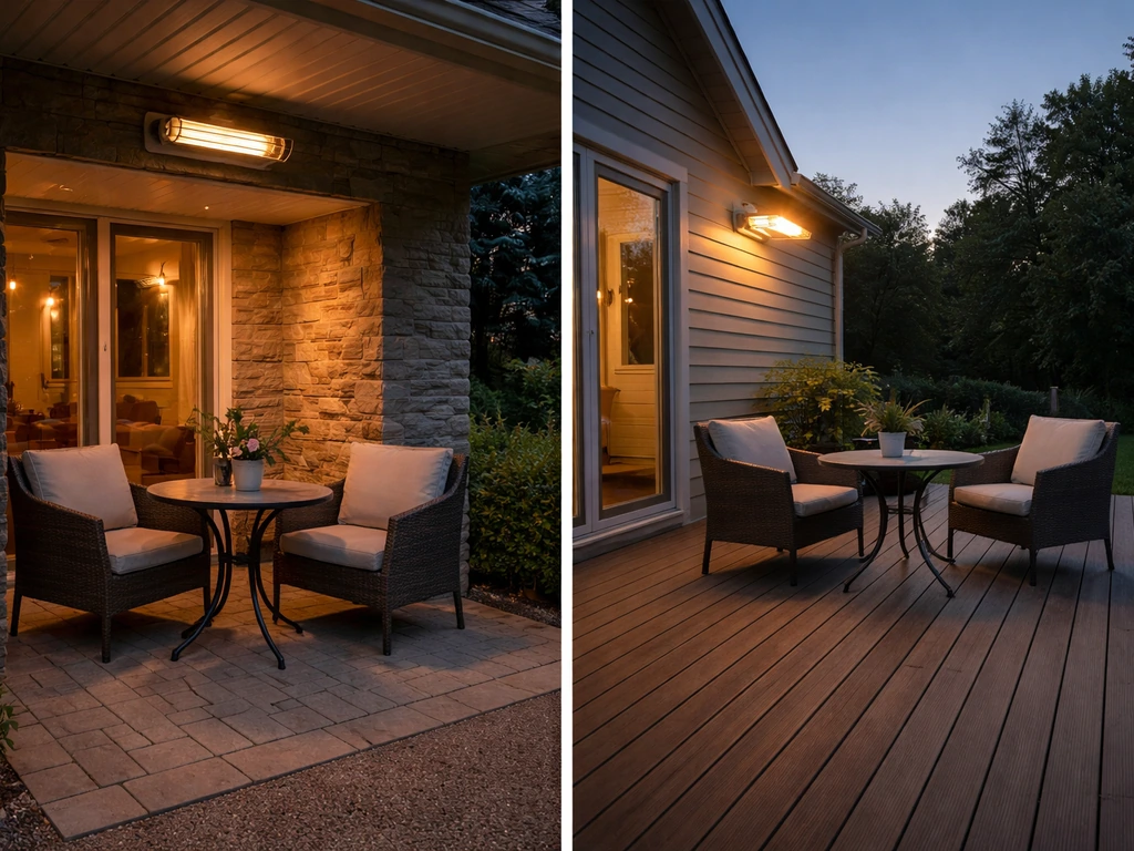 Two small outdoor patio scenes showing different electric heater placement and warm coverage areas