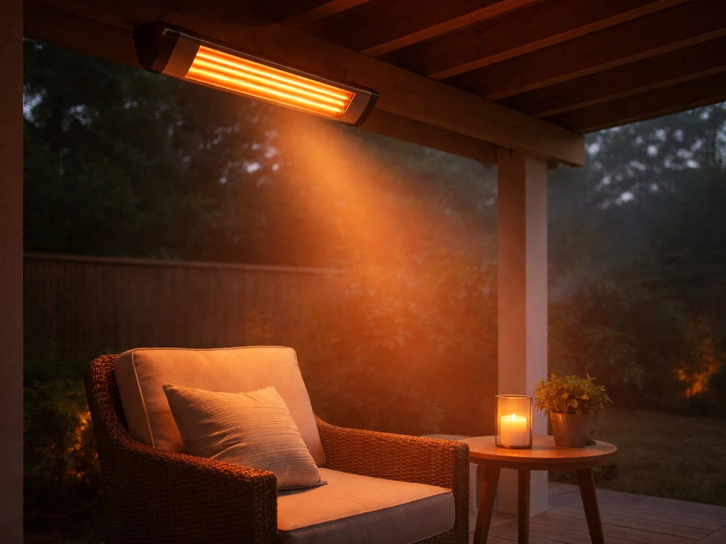 Mounted infrared patio heater under a covered roof warming a small seating area at dusk.