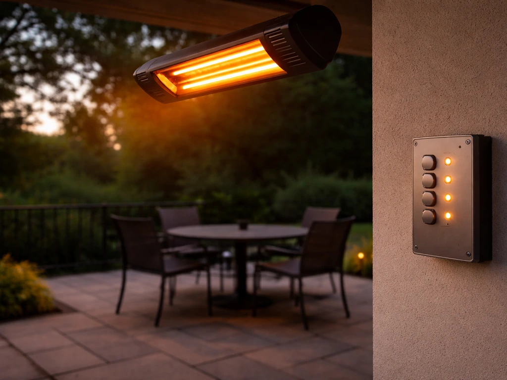 Outdoor patio with an infrared heater and a wall-mounted zone controller powering targeted heating areas.