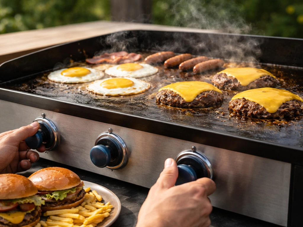 Smash burgers and breakfast items searing on an outdoor patio griddle with heat knobs in use.