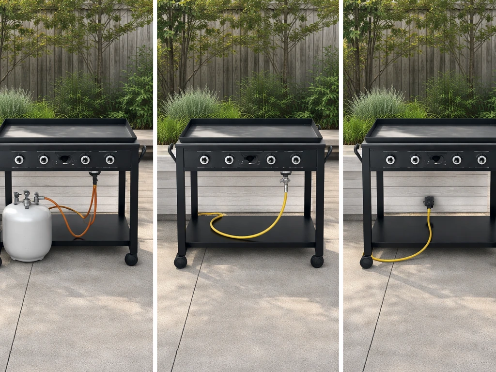 Three patio griddle setups side by side showing propane, natural gas, and electric connections.