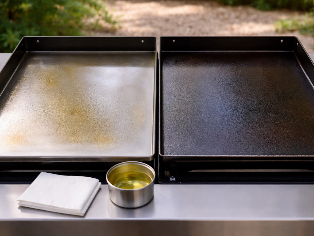 Patio griddle split view showing cold-rolled steel and cast iron with an oiled seasoning sheen and tools