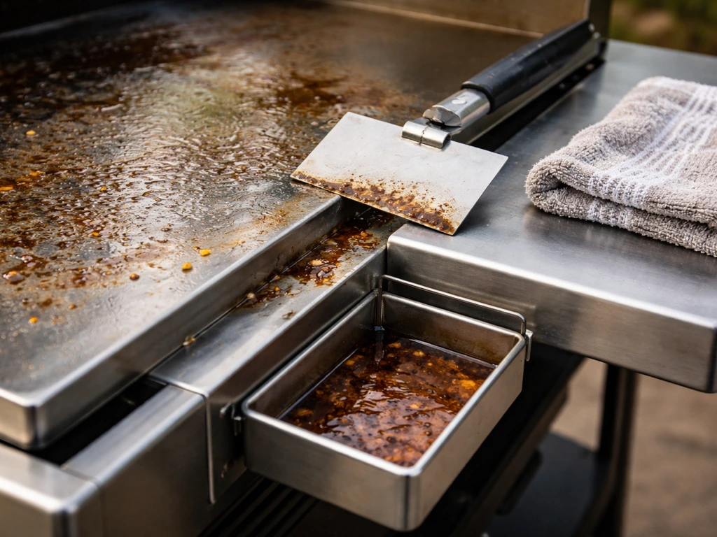Outdoor griddle cleanup showing a grease cup/tray, scraper, and grease channel with a cloth ready to wipe.