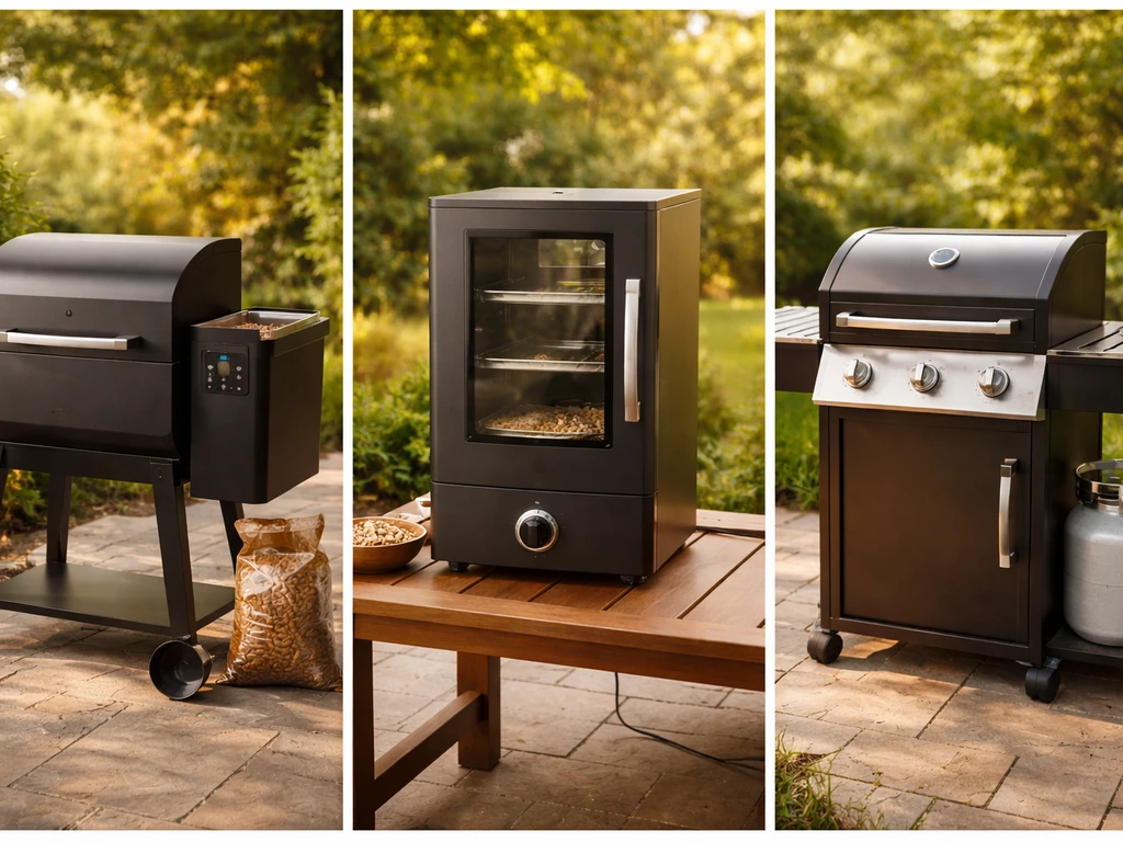 Three minimal patio smoker setups side-by-side: pellet, electric, and propane.