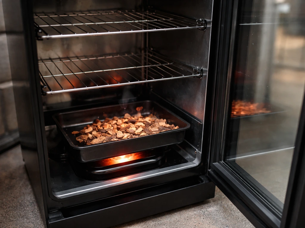 Close-up of an electric smoker’s glass door and heating element with wood chips inside