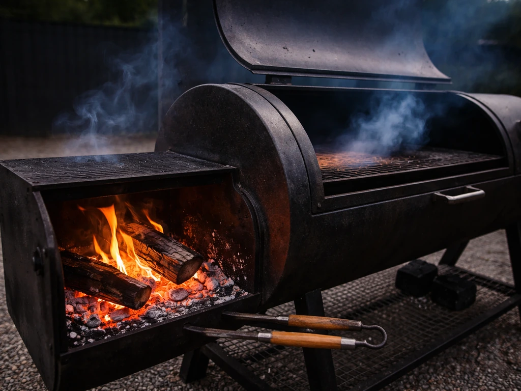 Offset charcoal smoker with burning embers in the firebox and smoke flowing toward the cooking chamber.