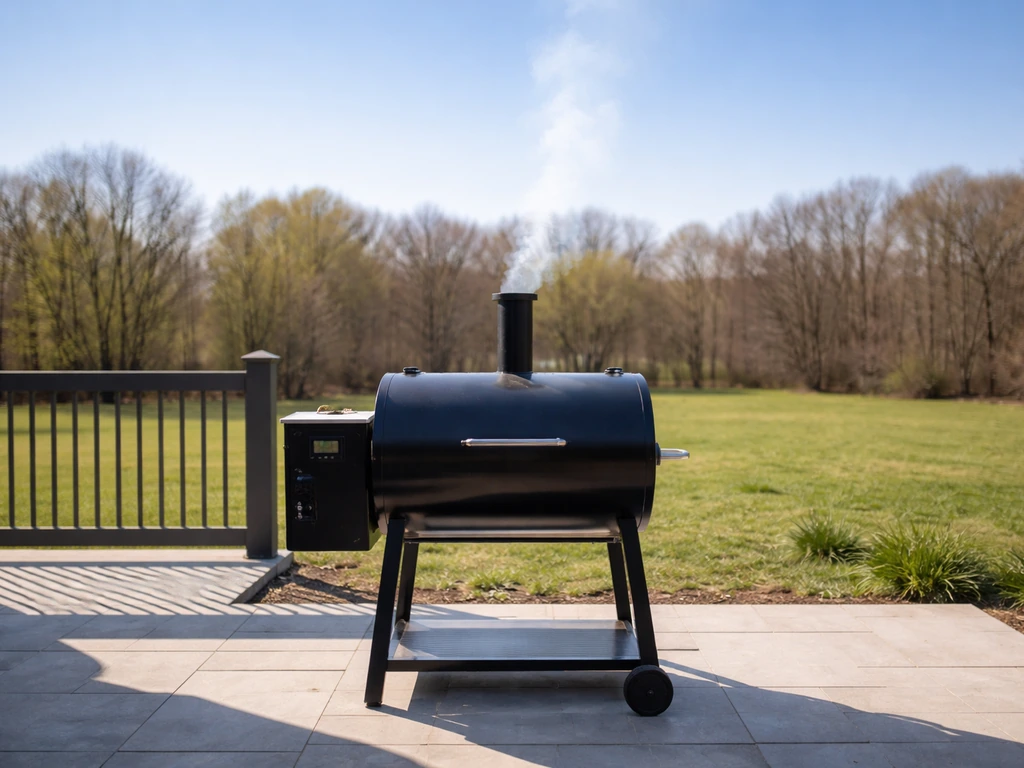 Outdoor pellet smoker on an open patio with unobstructed exhaust drifting upward into open air.