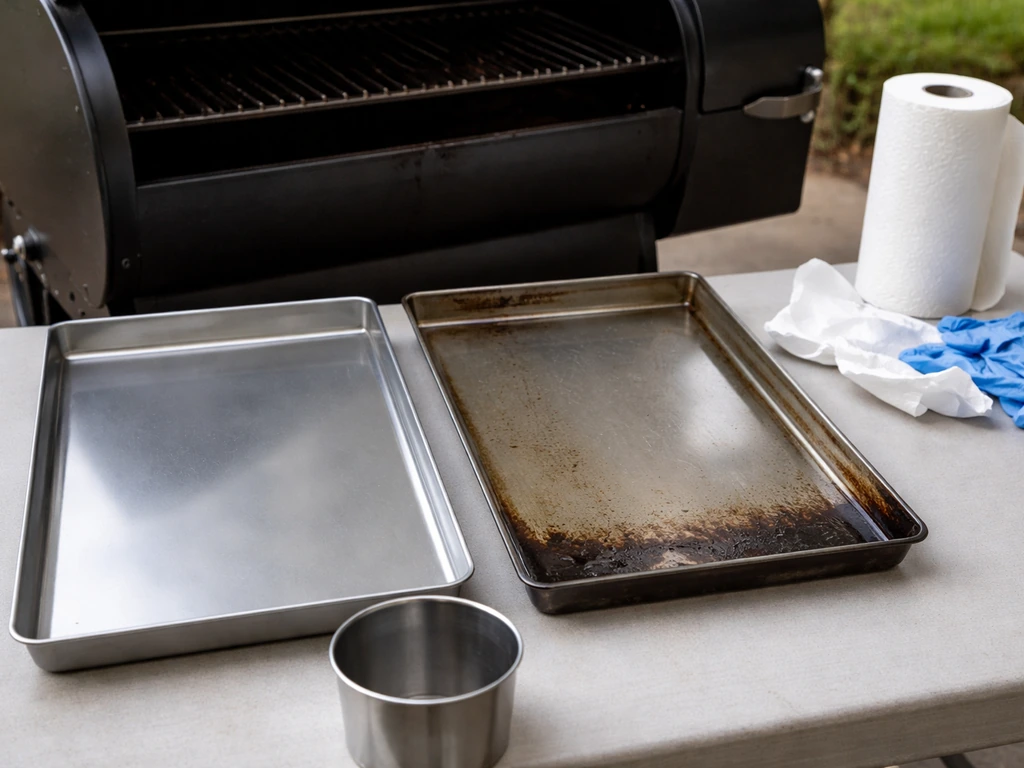 Close-up of a patio smoker with the drip tray removed—grease wiped clean beside a grease bucket.